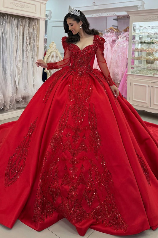 Long Sleeves Tulle Lace Sweet 16 Red Quinceanera Dresses Princess Birthday Party Gowns HE1077
