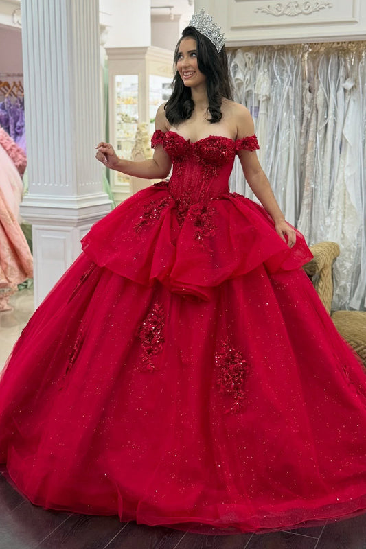 Off Shoulder Tulle Lace Beaded Sweet 16 Red Quinceanera Dresses for Birthday Party HE1008