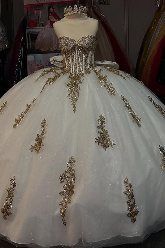 Sweetheart Tulle Appliqued Corset Strapless Champagne Quinceanera Dresses HE880