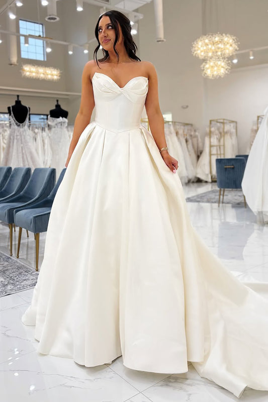 Sweetheart A Line Satin Beach Strapless Bridal Wedding Dresses for Women HE802