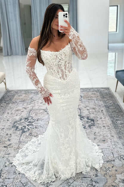 Mermaid Tulle Lace Appliqued Long Sleeves Bride Wedding Dresses Boho Wedding Gowns HE985