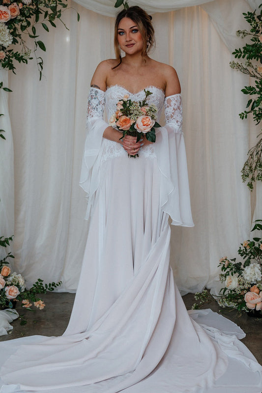 A Line Sweetheart Chiffon Lace Boho Wedding Dresses with Detachable Sleeves HE992