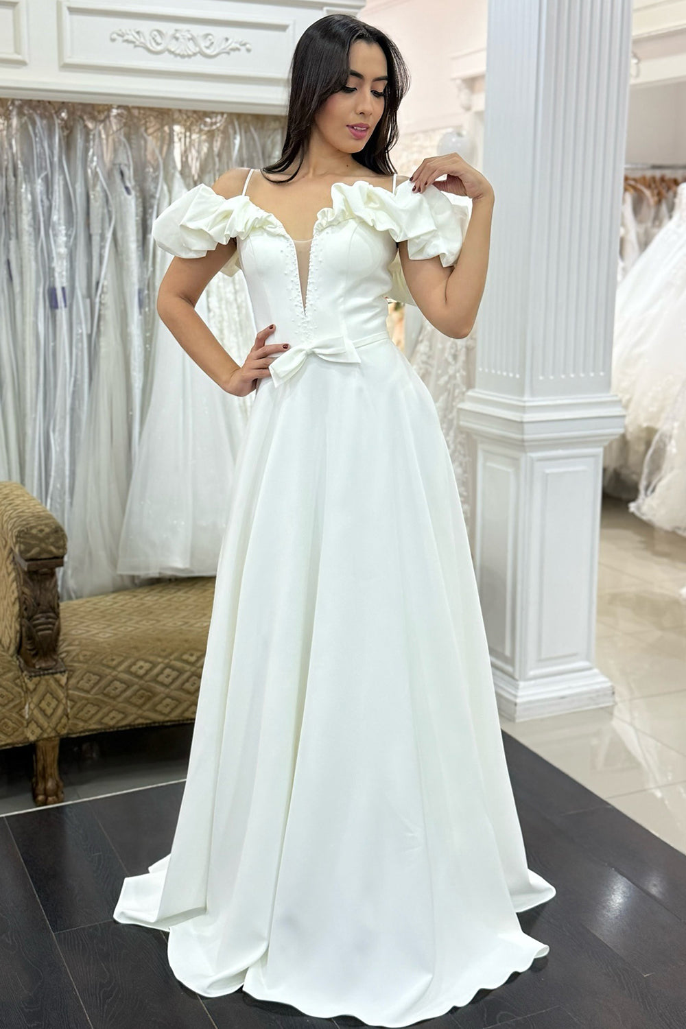 Plus Size Satin A Line Wedding Dresses Elegant Off Shoulder Wedding Gowns for Bride HE996