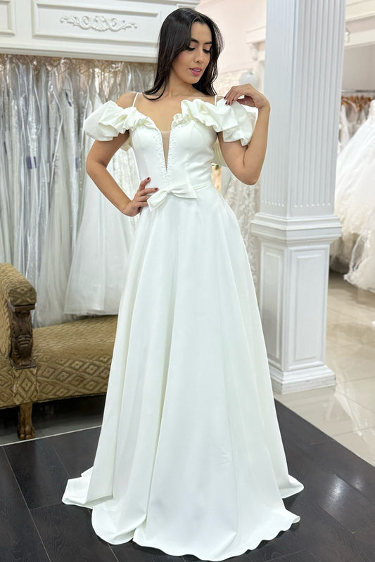 Plus Size Satin A Line Wedding Dresses Elegant Off Shoulder Wedding Gowns for Bride HE996