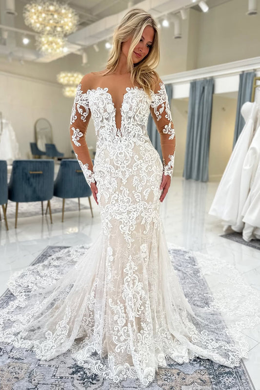 Off Shoulder Long Sleeves Tulle Lace Appliqued Mermaid Wedding Dresses for Bride HE791