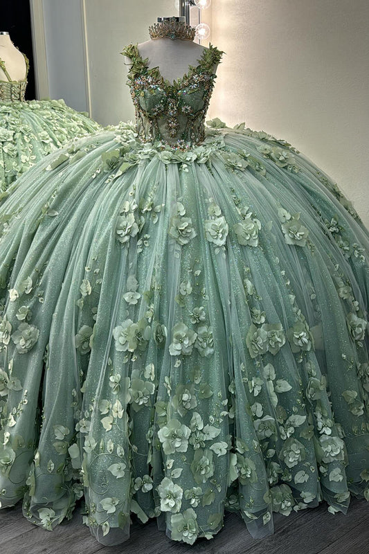 Ball Gown Princess Tulle 3d Flowers Sage Quinceanera Dresses for Sweet 16 HE939