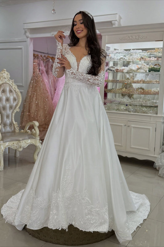 Long Sleeves A Line Satin Wedding Dresses V Neck Appliqued Wedding Gowns for Bride HE1103