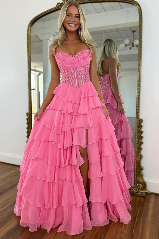 Women's A Line Chiffon Ruffled Long Prom Dresses Sweetheart Corset Party Gowns with Slit HE1035