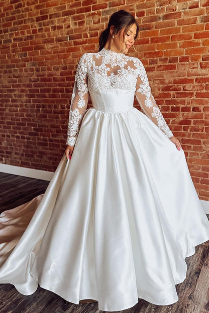 Lace Long Sleeves Satin Wedding Dresses A Line High Neck Bridal Wedding Gowns for Women HE1120