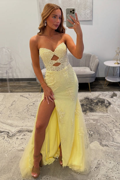 Sweetheart Tulle Lace Appliqued Long Prom Dresses Mermaid Corset Evening Gowns with Split HE1078