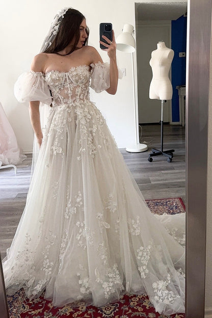 Tulle Lace Appliqued Beach Wedding Dresses A Line Sweetheart Boho Wedding Gowns HE1106