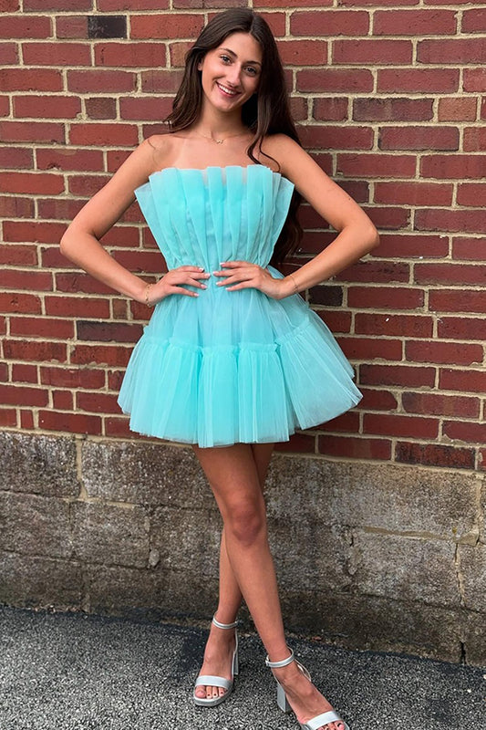 Sparkly Mint A Line Ruffled Strapless Ruched Short Homecoming Dress HE751