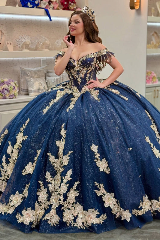 Gorgeous Glittery Tulle Appliqued Off Shoulder Quinceanera Dresses for Sweet 16 HE892