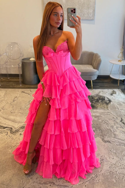 Women's A Line Chiffon Ruffled Prom Dresses Long Corset Appliqued Evening Dress with Split HE1029