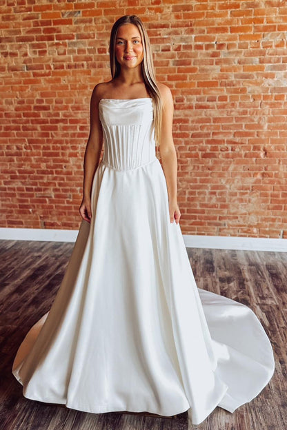 Sweetheart Corset Satin Wedding Dresses for Bride A Line Strapless Wedding Gowns HE1119