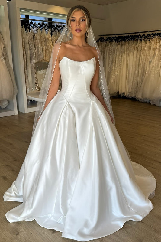 Women's White Satin A Line Corset Wedding Dresses Sweetheart Simple Bridal Wedding Gowns HE1001