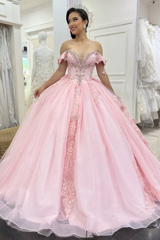 Ball Gown Tulle Lace Appliqued Pink Quinceanera Dresses Sweet 16 Birthday Party Gowns HE1049