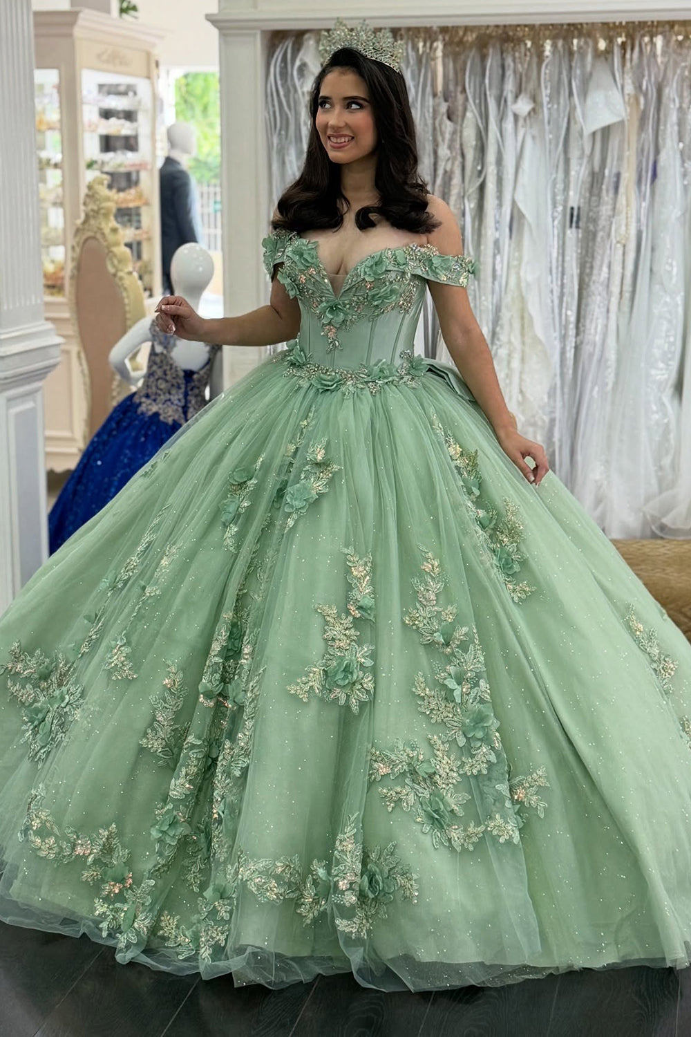 Glittery Tulle Appliqued Beaded Green Sweet 15 Quinceanera Dresses with Big Bow HE1009