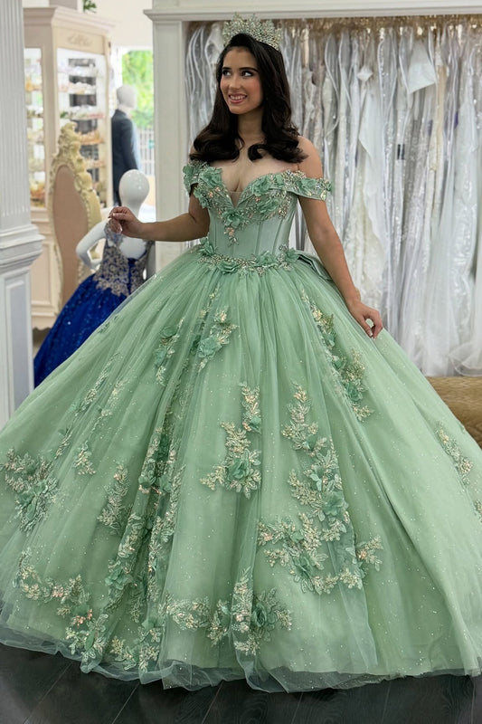 Glittery Tulle Appliqued Beaded Green Sweet 15 Quinceanera Dresses with Big Bow HE1009