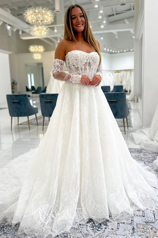A Line Sweetheart Tulle Lace Appliqued Beach Wedding Dresses for Bride HE797