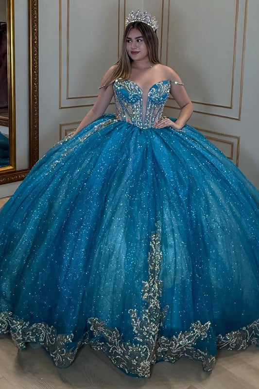 Glittery Tulle Lace Beaded Off Shoulder Quinceanera Dresses for Sweet 16 HE869
