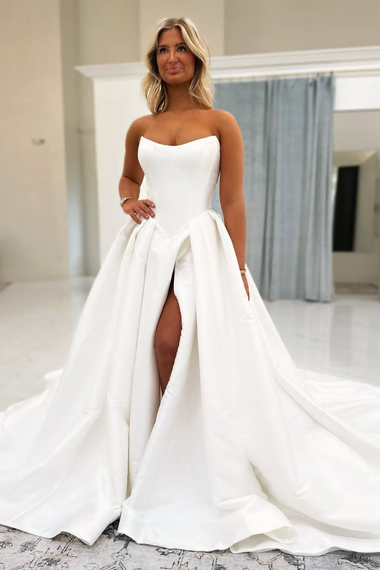 A Line Simple Satin Plus Size Bridal Wedding Dresses with Split HE801