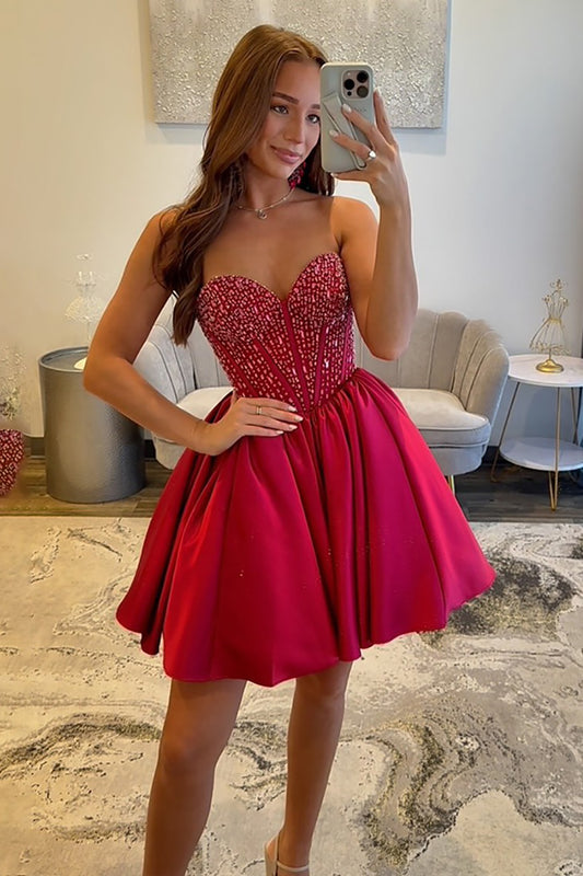 Glitter Red Sweetheart Satin A-Line Corset Homecoming Dress with Beading HE775
