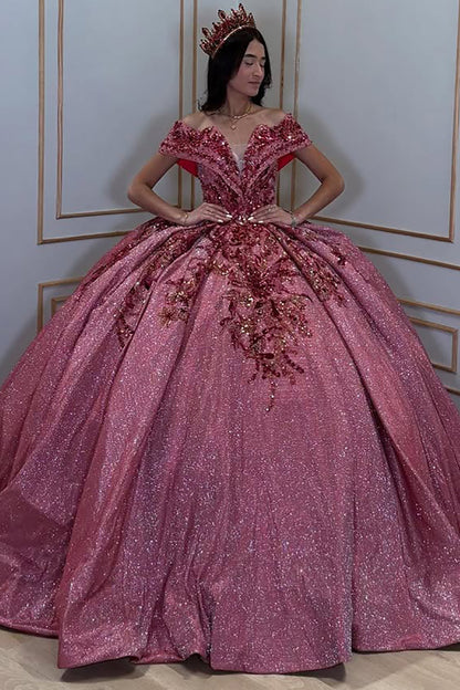 Glittery Tulle Off Shoulder Lace Beaded Ball Gown Quinceanera Dresses HE711