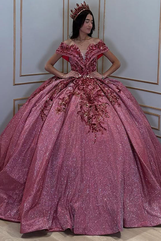Glittery Tulle Off Shoulder Lace Beaded Ball Gown Quinceanera Dresses HE711