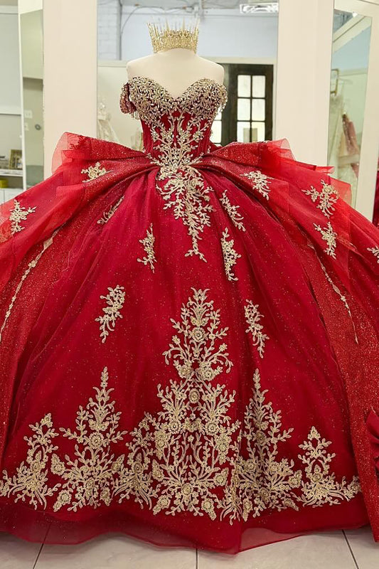 Princess Ball Gown Tulle Appliqued Beaded Sweet 16 Red Quinceanera Dresses HE823