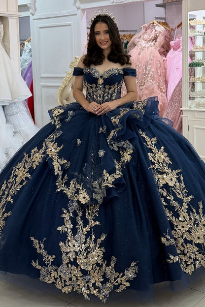 Vestidos de quinceañera con hombros descubiertos, tul princesa, apliques, vestidos de quinceañera HE530