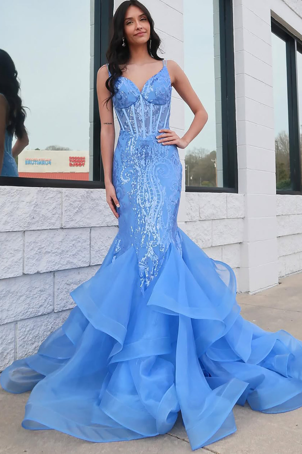 Mermaid V Neck Corset Lace Prom Dresses Long Ruffles with Spaghetti Straps HE977