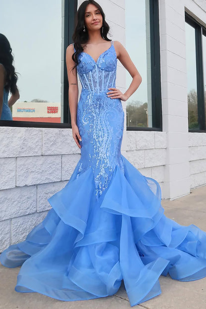 Mermaid V Neck Corset Lace Prom Dresses Long Ruffles with Spaghetti Straps HE977