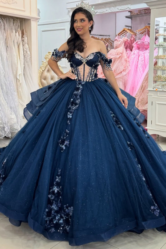 Off Shoulder Princess Tulle Appliqued Corset Quinceanera Dresses for Sweet 16 HE1018