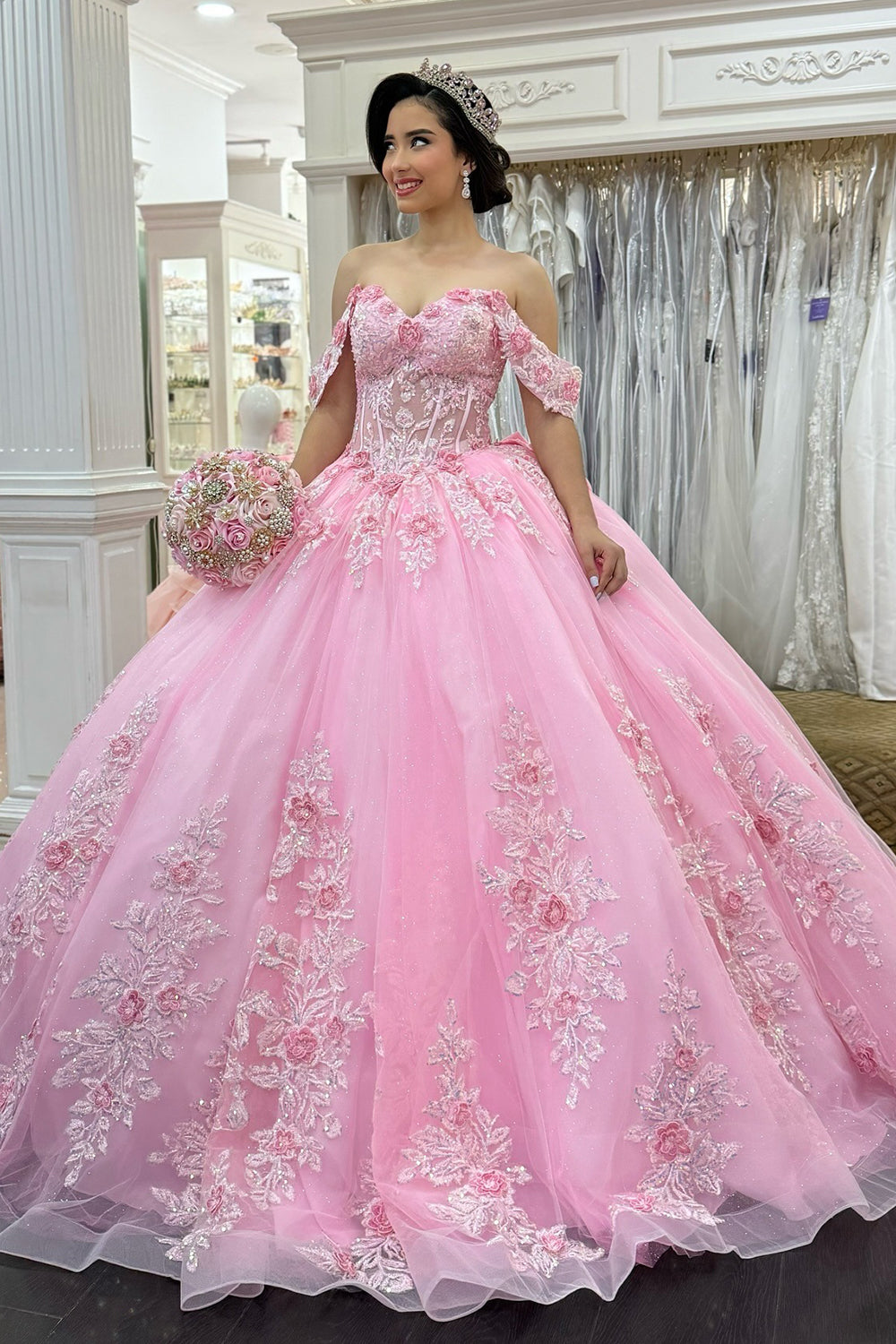 Tulle Lace Appliqued Sweet 16 Pink Quinceanera Dresses Off Shoulder Birthday Party Gowns HE1012