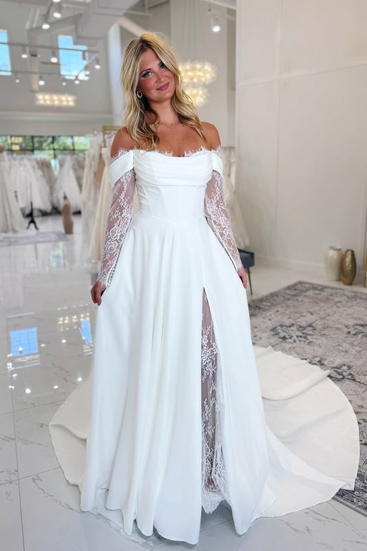 A Line Satin Lace Long Sleeves Beach Wedding Dresses for Bride HE794