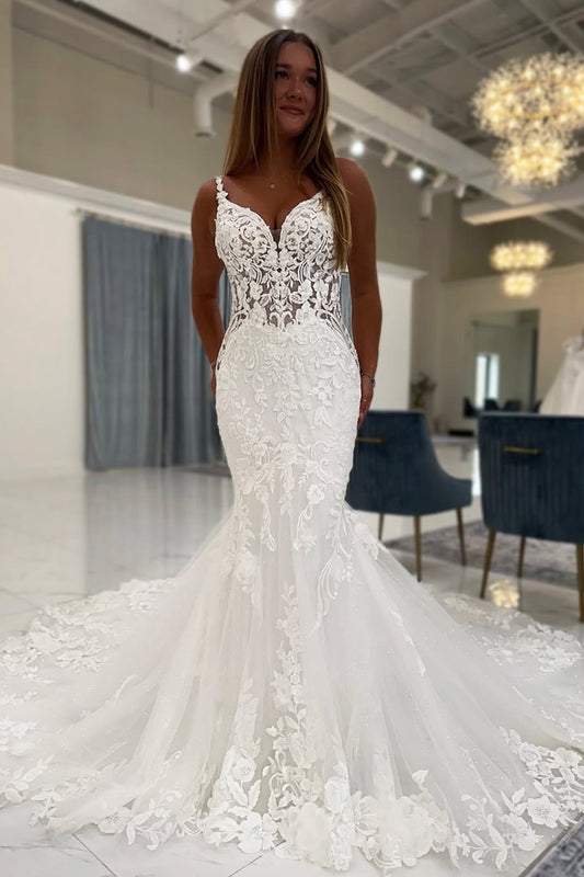 Mermaid Tulle Lace Appliqued V Neck Boho Wedding Dresses for Women HE792