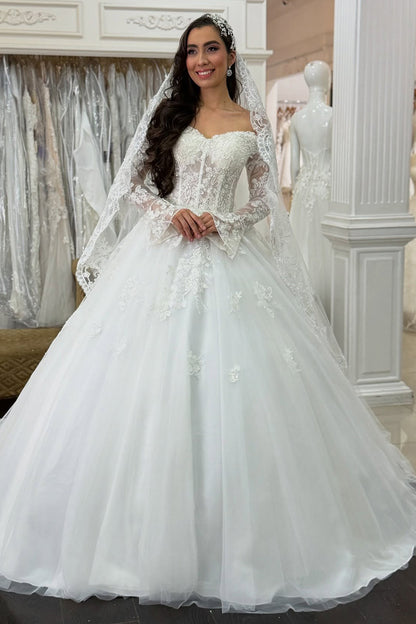 Off Shoulder Tulle Lace Appliqued Boho Wedding Dresses Long Sleeves Wedding Gowns for Bride HE1054