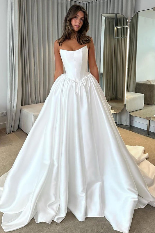 A Line Sweetheart White Satin Bridal Wedding Dresses with Long Train HE803