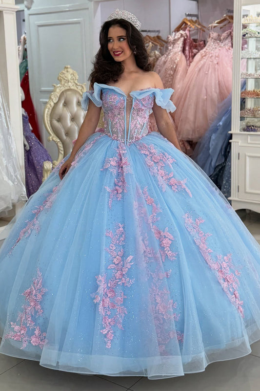 Off Shoulder Gorgeous Tulle Appliqued Sweet 16 Quinceanera Dresses for Birthday HE1020