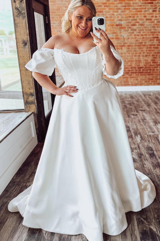 Off Shoulder Satin A Line Wedding Dresses Sweetheart Corset Beach Bridal Wedding Gowns HE1118