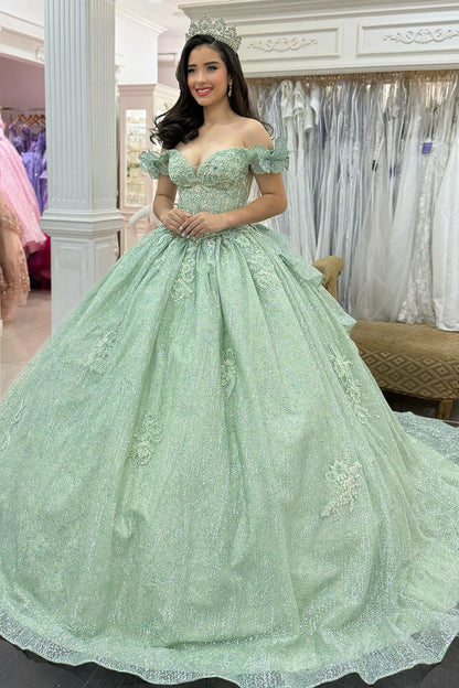 Glittery Tulle Lace Beaded Sweet 16 Quinceanera Dresses Off Shoulder Party Gowns HE1010