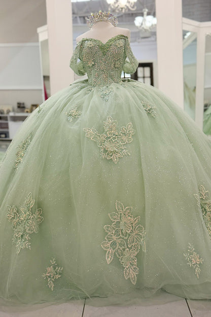 Gorgeous Ball Gown Green Quinceanera Dresses Sweet 16 Tulle Appliqued Birthday Party Gowns HE1070