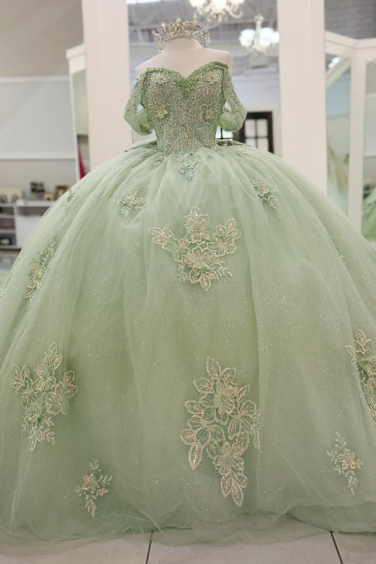 Gorgeous Ball Gown Green Quinceanera Dresses Sweet 16 Tulle Appliqued Birthday Party Gowns HE1070