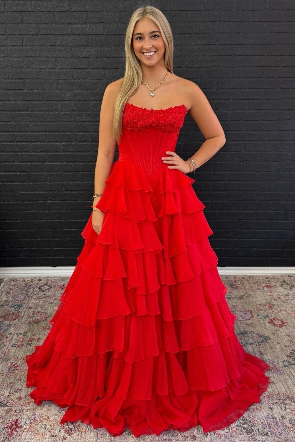 Women's A Line Chiffon Sweetheart Corset Prom Dresses Long with Ruffles HE1027