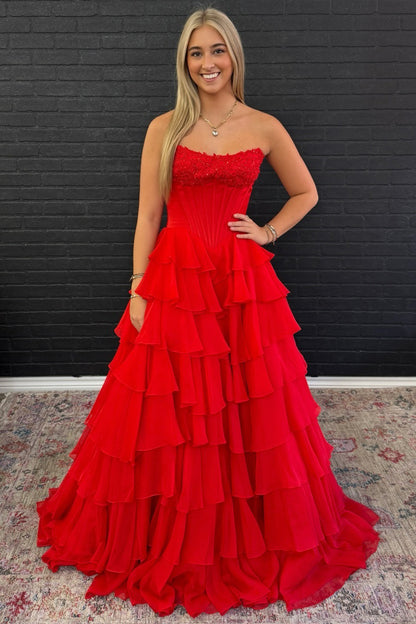 Women's A Line Chiffon Sweetheart Corset Prom Dresses Long with Ruffles HE1027