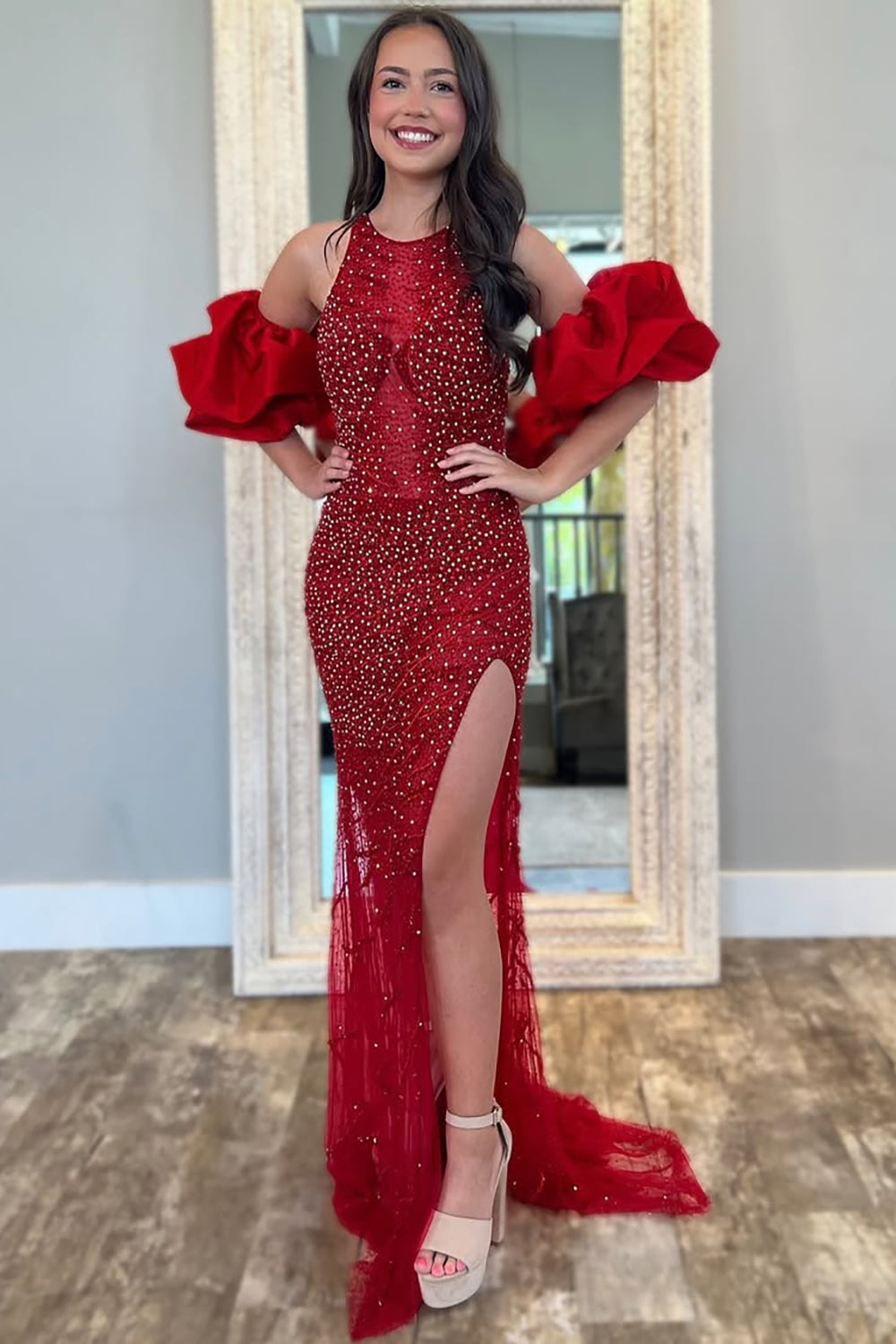 Sexy Side Split Halter Neck Tulle Sequined Prom Dresses Long for Women Evening Party HE975