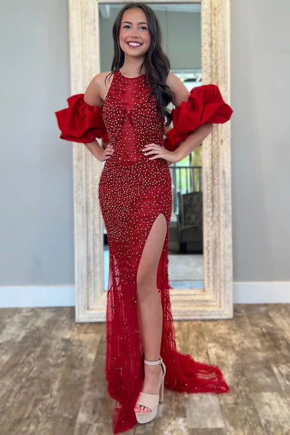 Sexy Side Split Halter Neck Tulle Sequined Prom Dresses Long for Women Evening Party HE975