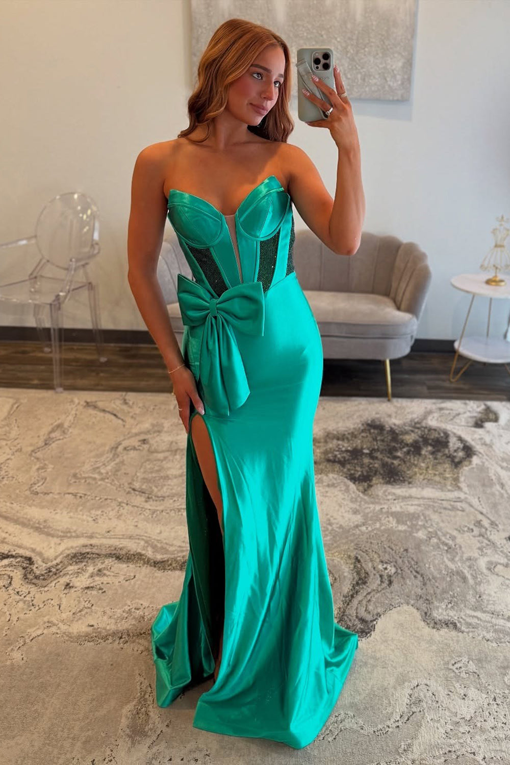 Mermaid Sweetheart Satin Corset Beaded Long Prom Dresses for Women Evening Party HE982