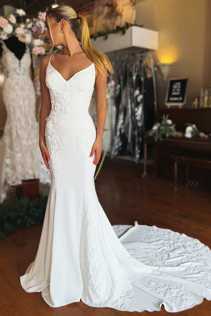 Mermaid Satin V Neck Beach Wedding Dresses Lace Appliqued Wedding Gowns for Bride HE998
